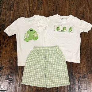 Boys boutique zuccini smocked set turtle alligator 3 piece set
